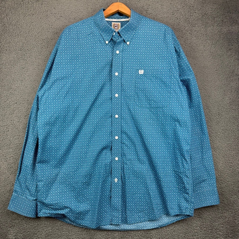 Cinch Mens Large Blue Geometric Print Cotton Long Sleeve Button Down Shirt
